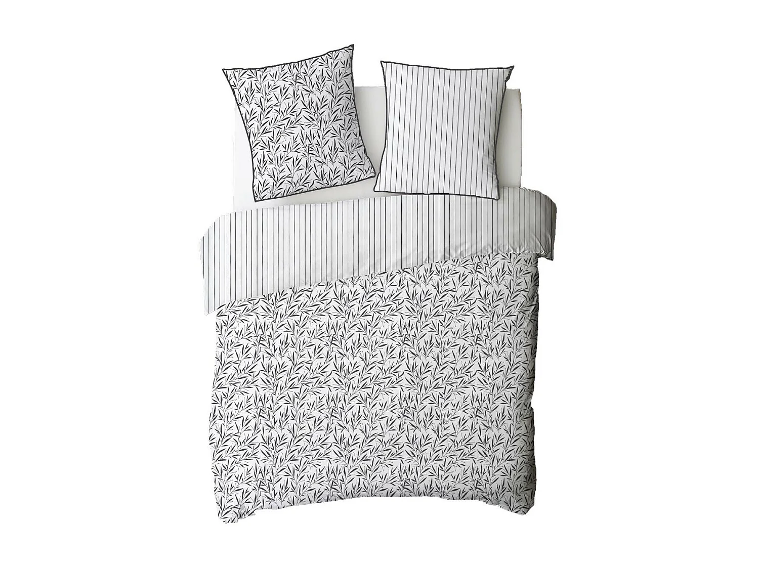 Parure de lit 2 personnes feuillage et rayures en coton 240x220cm