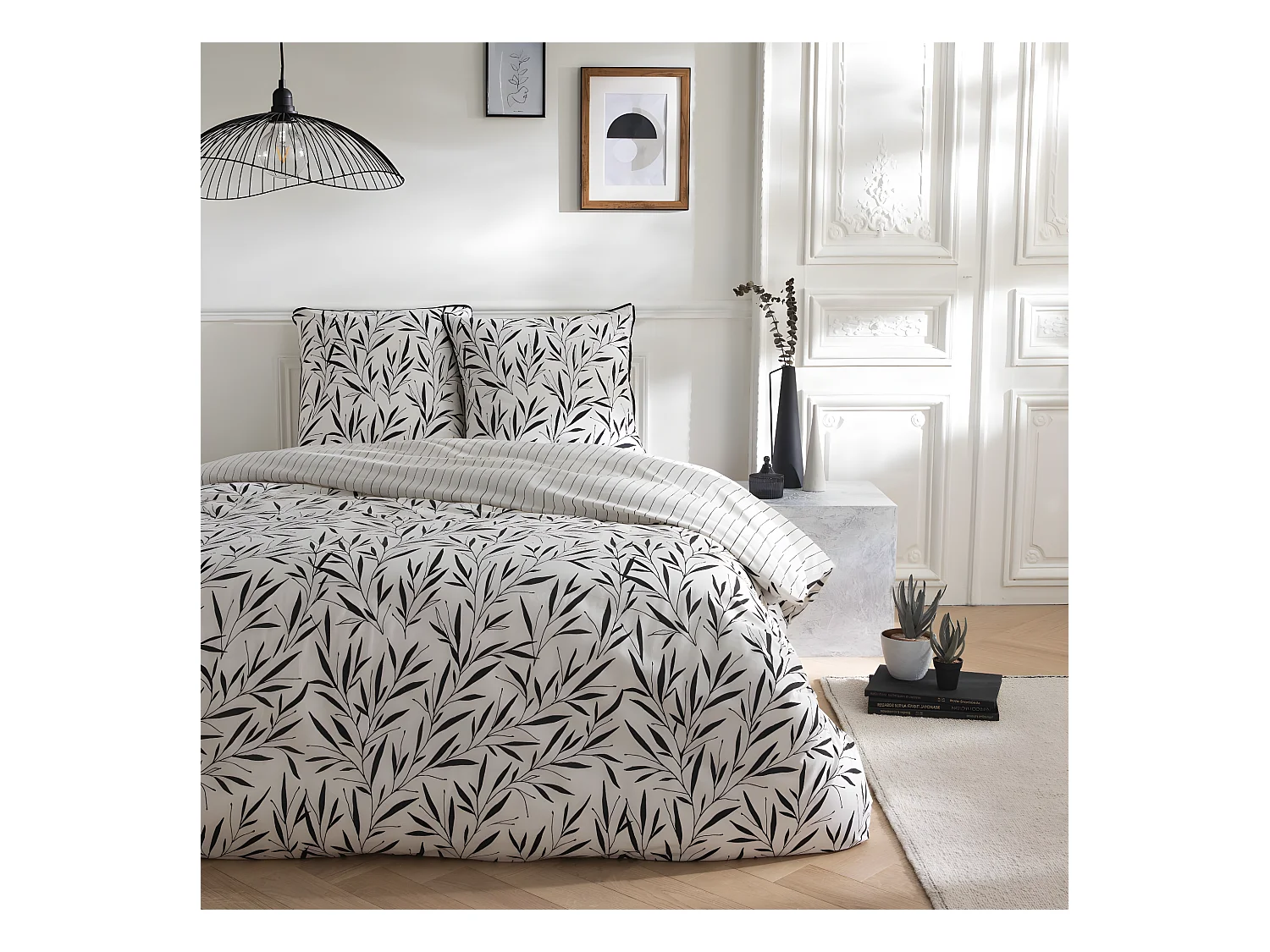 Parure de lit 2 personnes en coton 57 fils imprimé blanc 240x220cm