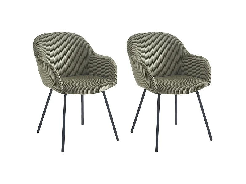 Lot de 2 chaises avec accoudoirs en velours côtelé et métal noir - Kaki - MARENZIA