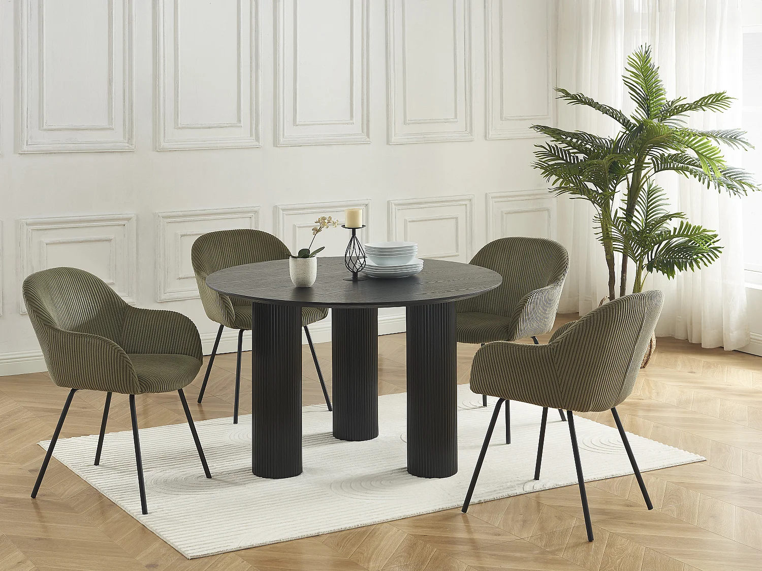 Lot de 2 chaises avec accoudoirs en velours côtelé et métal noir - Kaki - MARENZIA