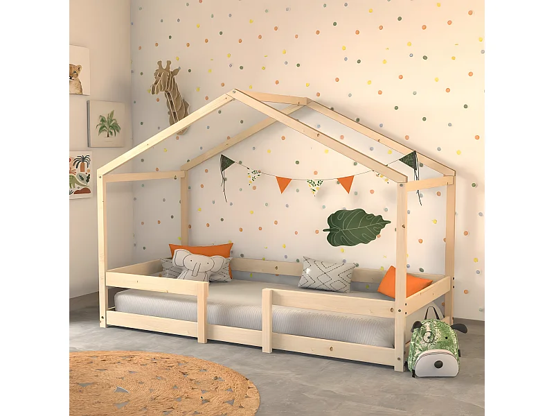 Lit cabane INDIANA 90x190 + sommier / Naturel