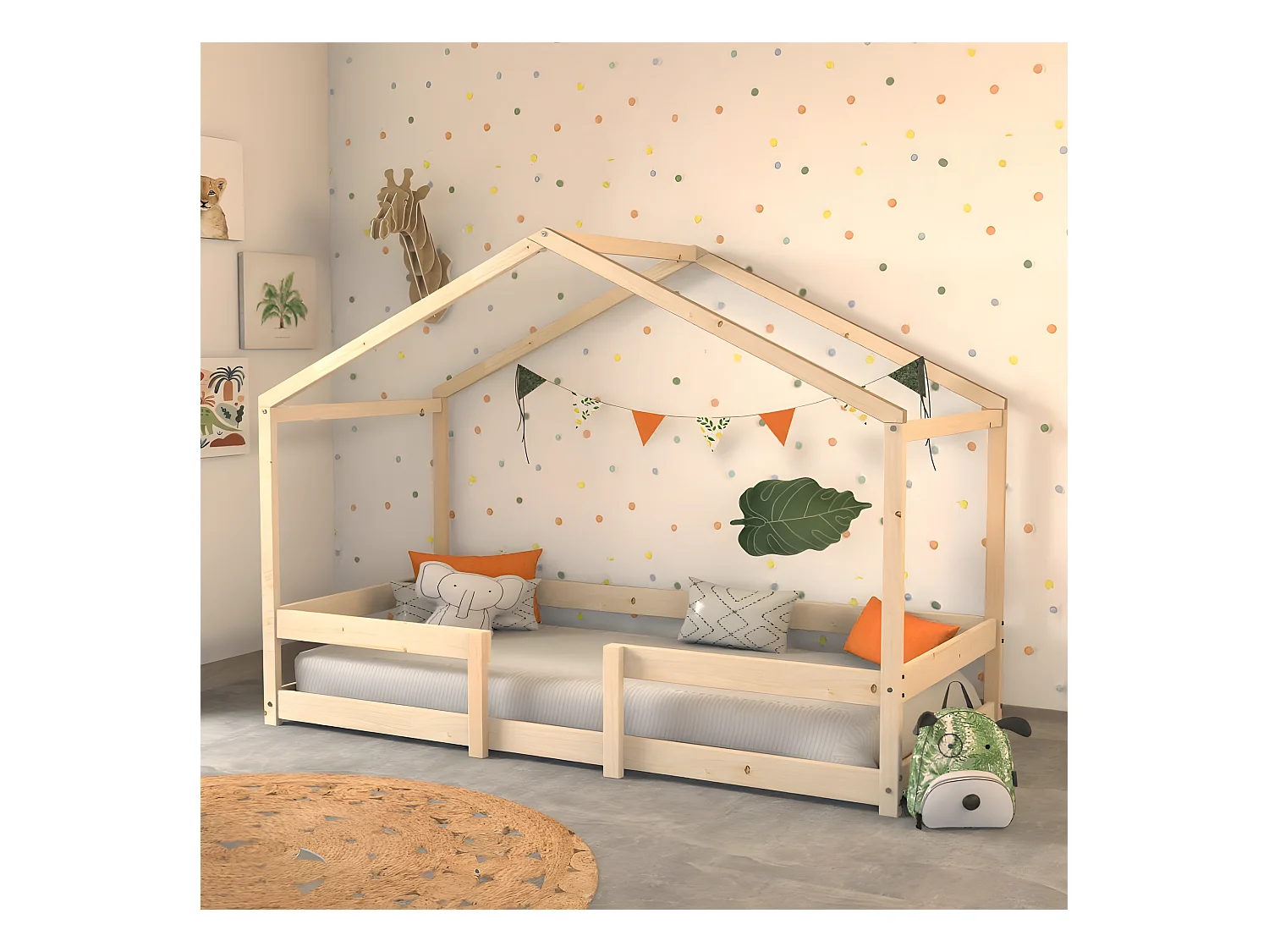 Lit cabane INDIANA 90x190 + sommier / Naturel