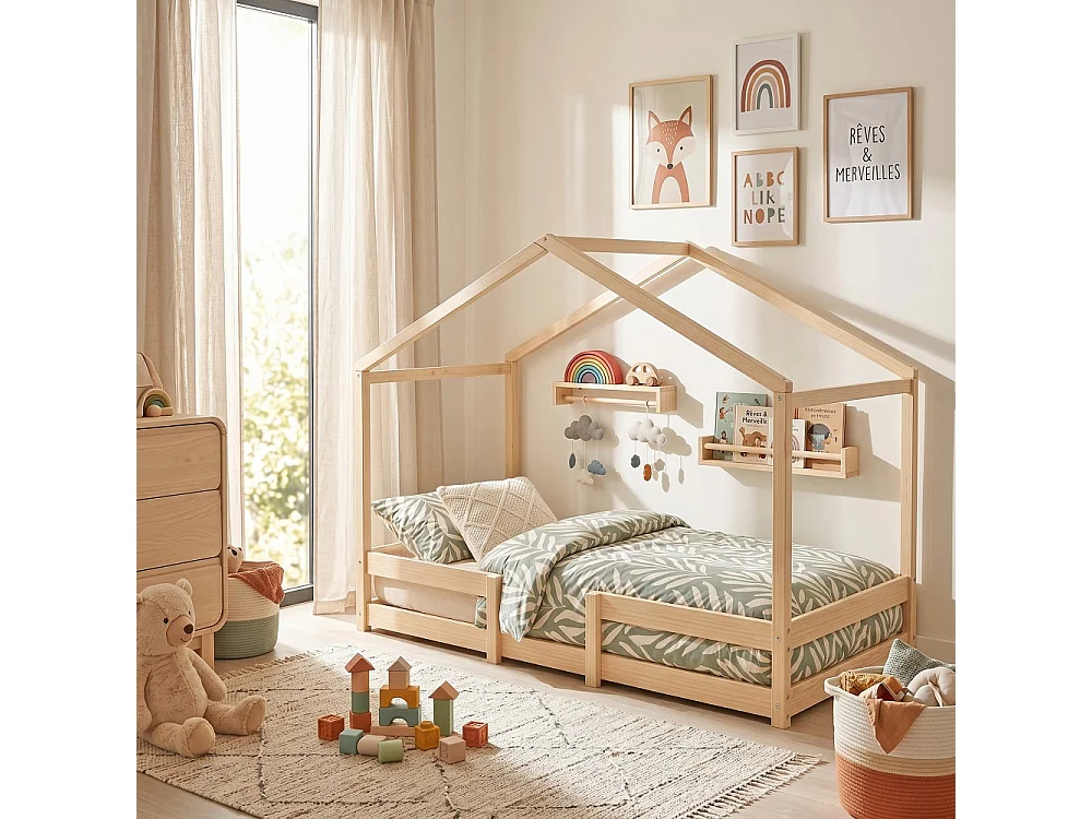 Lit cabane INDIANA 90x190 + sommier / Bois clair
