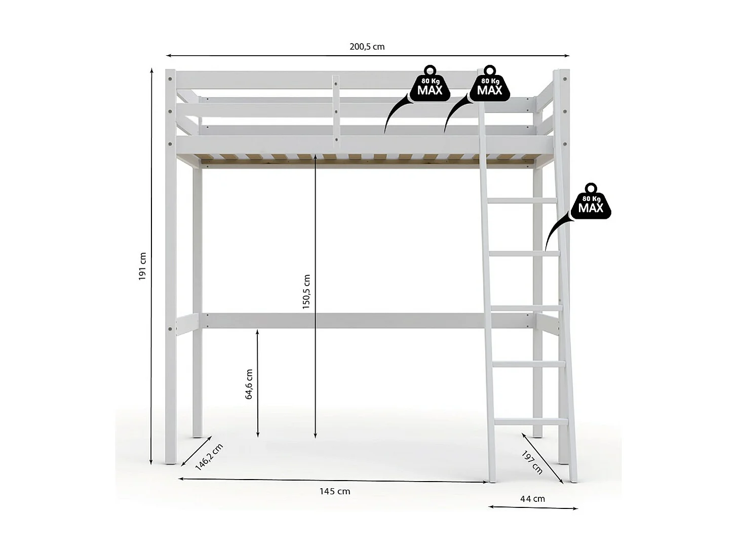 Lit mezzanine STUDIO 140x190 + 1 sommier / Blanc