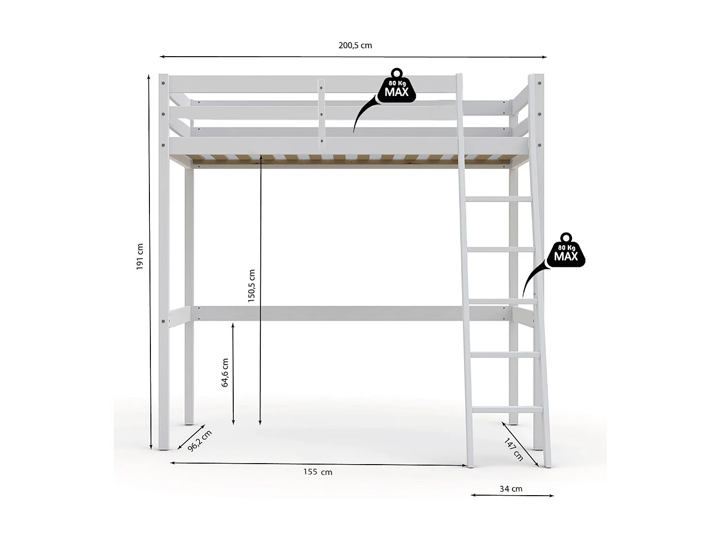Lit mezzanine STUDIO 90x190 + 1 sommier / Blanc