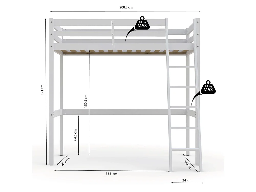 Lit mezzanine STUDIO 90x190 + 1 sommier / Blanc