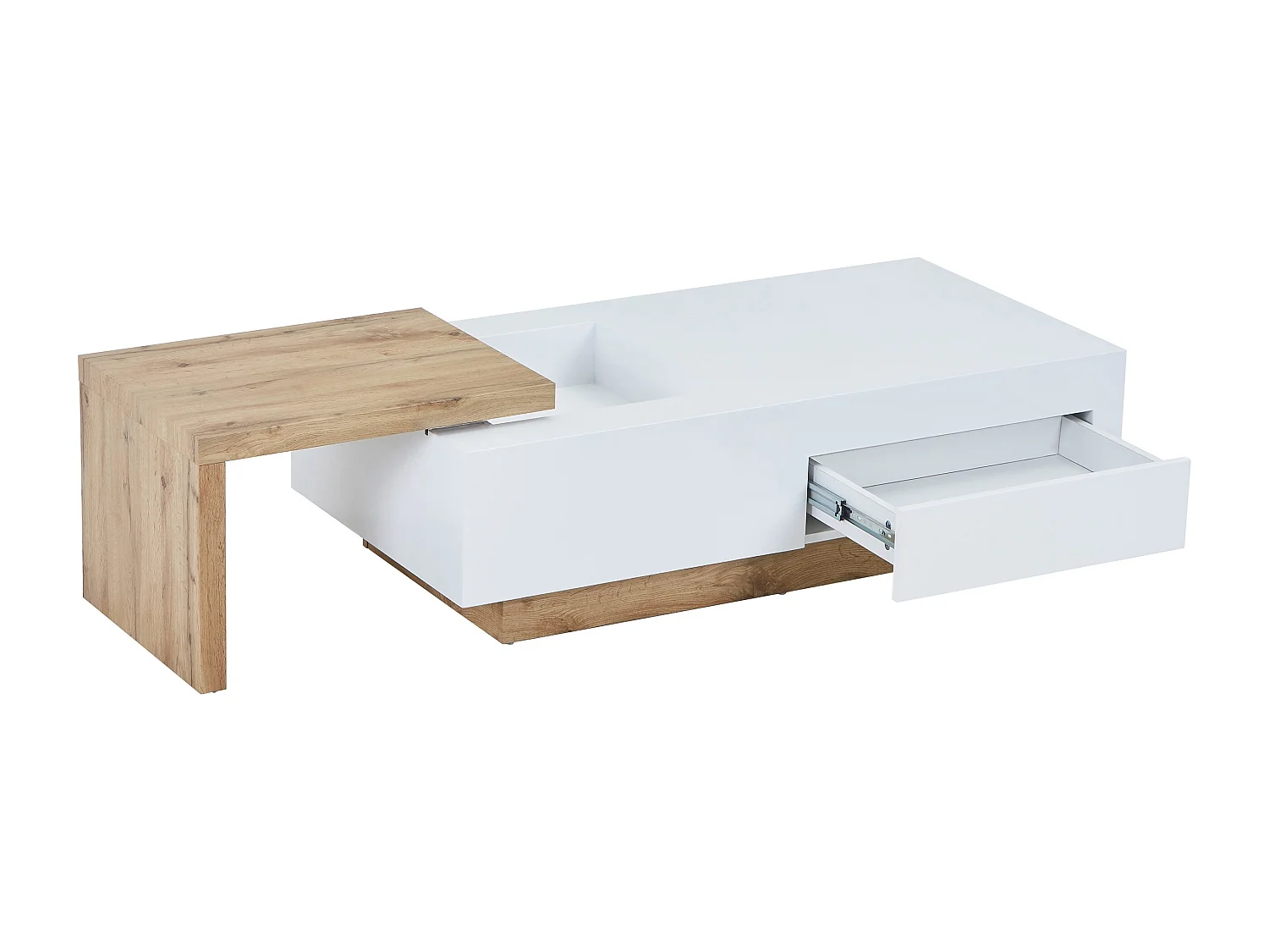 Table basse extensible en MDF avec 1 tiroir et 1 niche - Naturel et Blanc - MANDREA