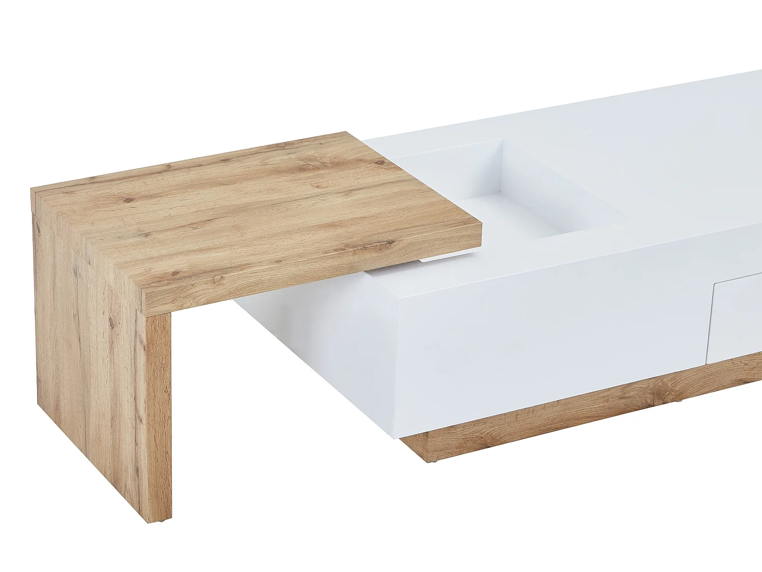 Table basse extensible en MDF avec 1 tiroir et 1 niche - Naturel et Blanc - MANDREA