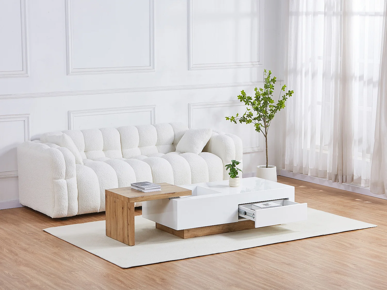 Table basse extensible en MDF avec 1 tiroir et 1 niche - Naturel et Blanc - MANDREA