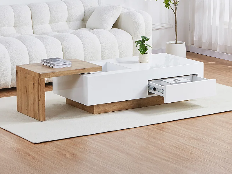 Mesa de centro extensible en MDF con 1 cajón y 1 estante - Natural y Blanco - MANDREA
