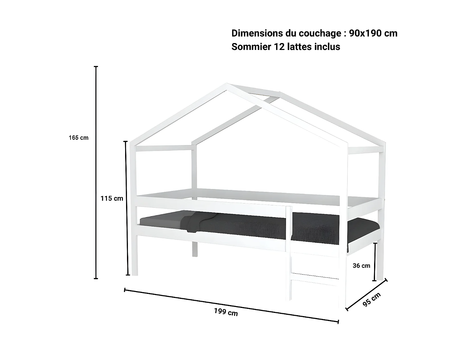 Lit cabane MIKA 90x190 + sommier / Blanc