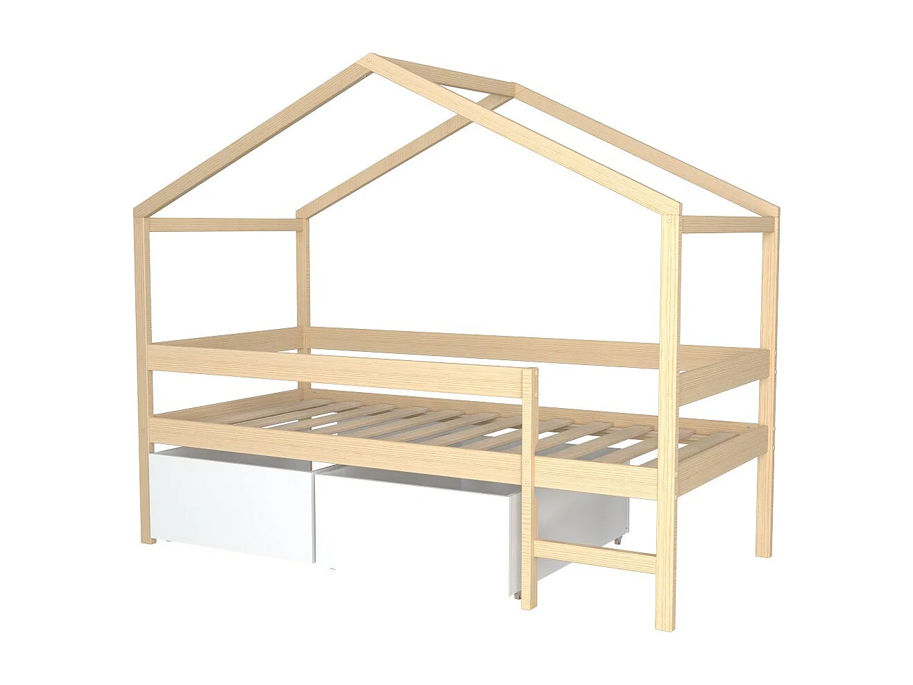 Lit cabane MIKA 90x190 + sommier + 2 tiroirs / Naturel & blanc