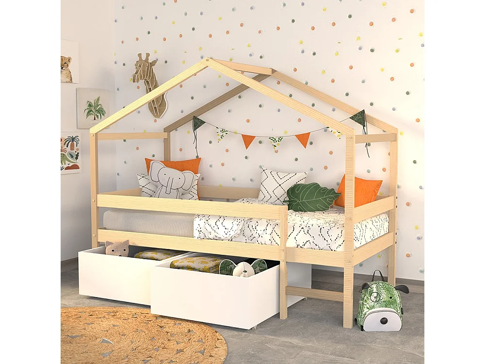 Lit cabane MIKA 90x190 + sommier + 2 tiroirs / Naturel & blanc