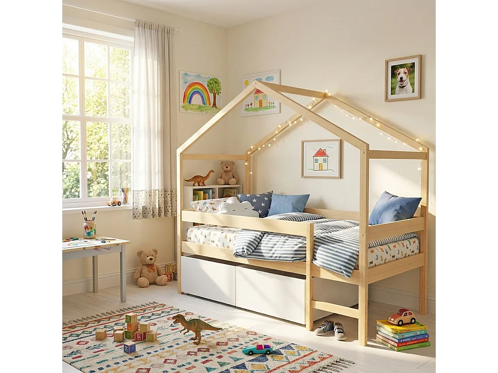 Lit cabane MIKA 90x190 + sommier + 2 tiroirs / Naturel & blanc