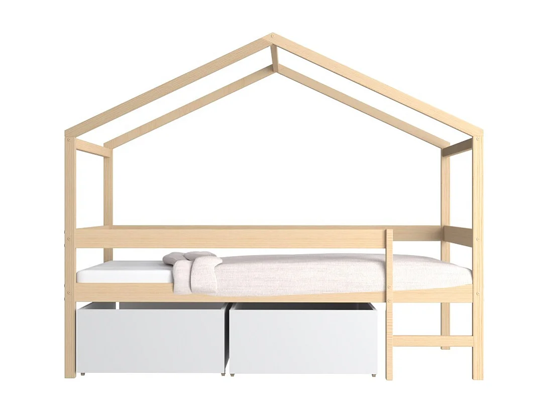 Lit cabane MIKA 90x190 + sommier + 2 tiroirs / Naturel & blanc