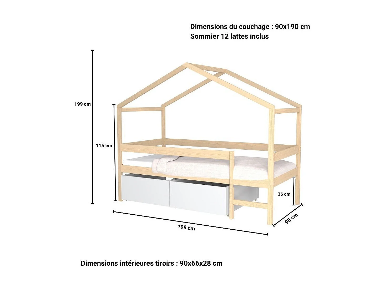 Lit cabane MIKA 90x190 + sommier + 2 tiroirs / Naturel & blanc