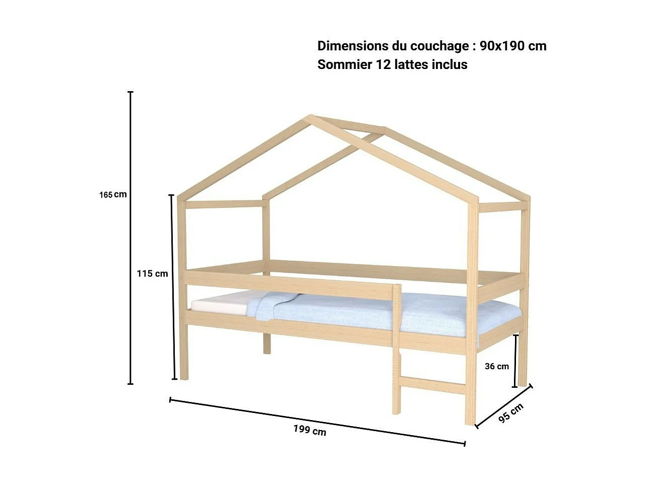 Lit cabane MIKA 90x190 + sommier / Naturel