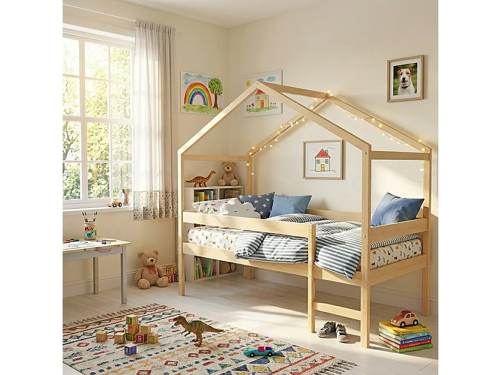 Lit cabane MIKA 90x190 + sommier / Bois clair