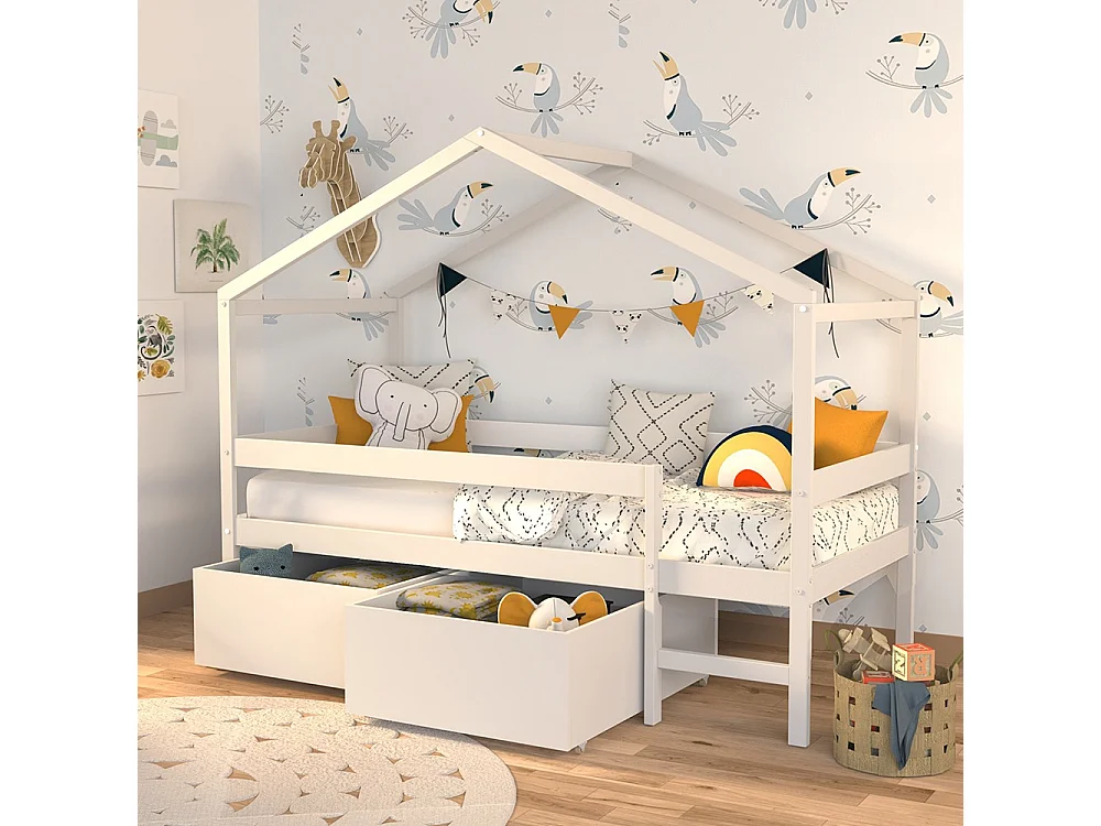 Lit cabane MIKA 90x190 + sommier + 2 tiroirs / Blanc
