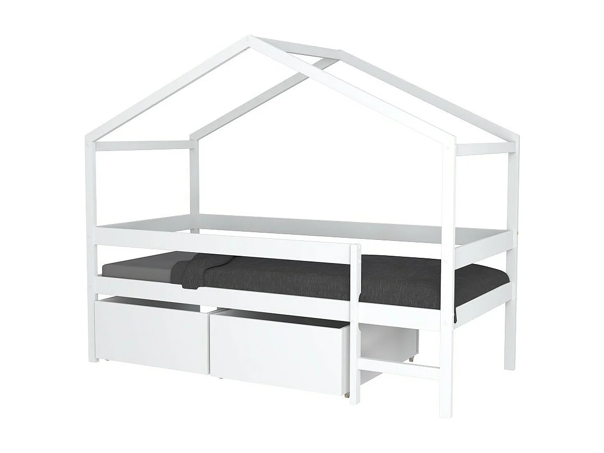 Lit cabane MIKA 90x190 + sommier + 2 tiroirs / Blanc