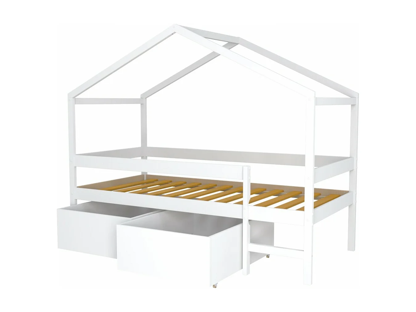 Lit cabane MIKA 90x190 + sommier + 2 tiroirs / Blanc