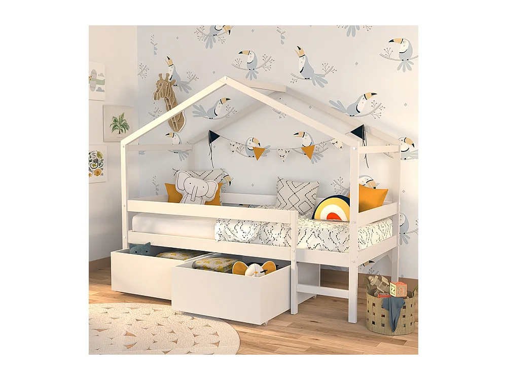 Lit cabane MIKA 90x190 + sommier + 2 tiroirs / Blanc