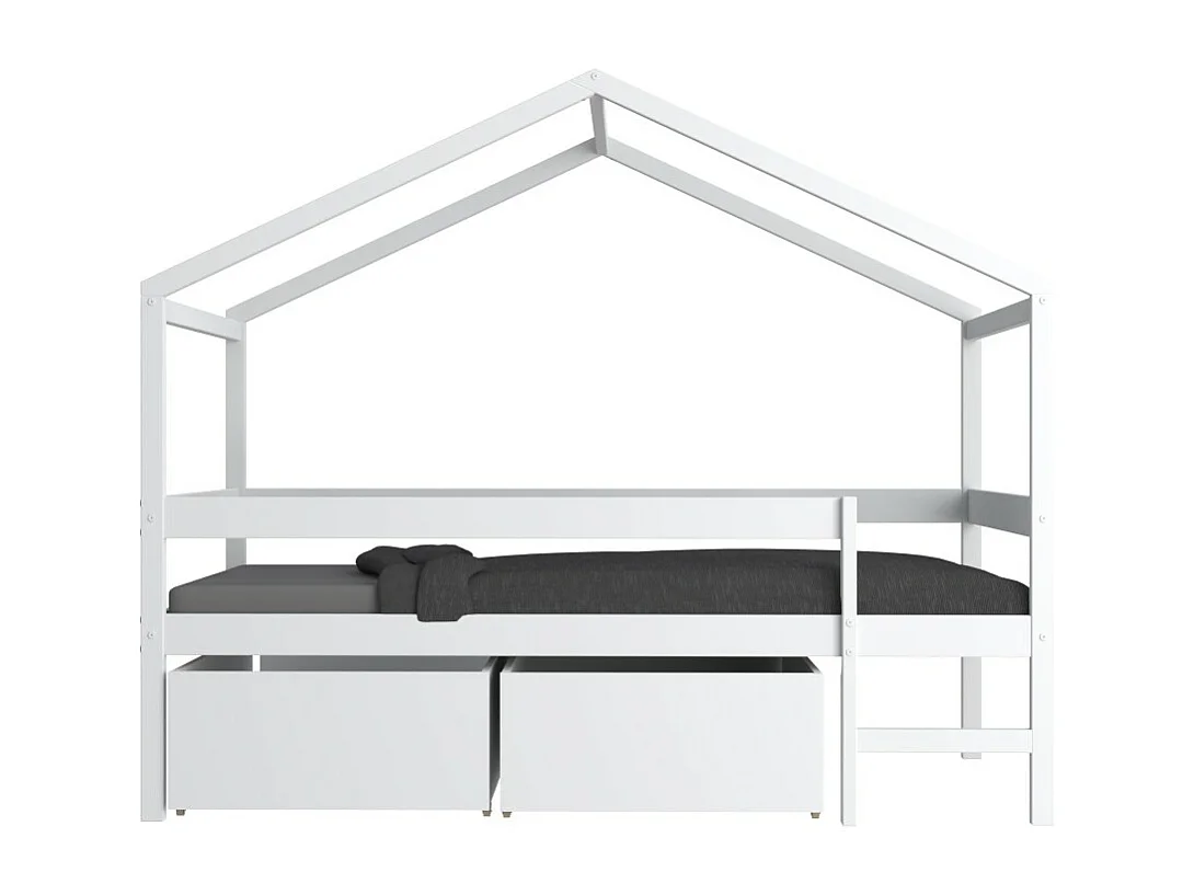 Lit cabane MIKA 90x190 + sommier + 2 tiroirs / Blanc
