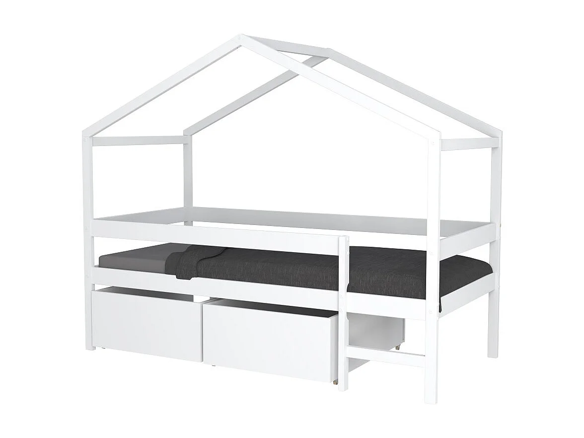 Lit cabane MIKA 90x190 + sommier + 2 tiroirs / Blanc