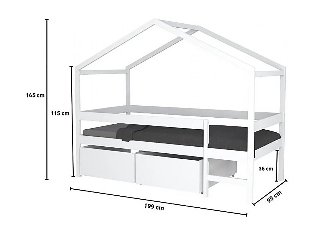 Lit cabane MIKA 90x190 + sommier + 2 tiroirs / Blanc