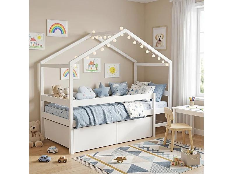 Lit cabane MIKA 90x190 + sommier + 2 tiroirs / Blanc