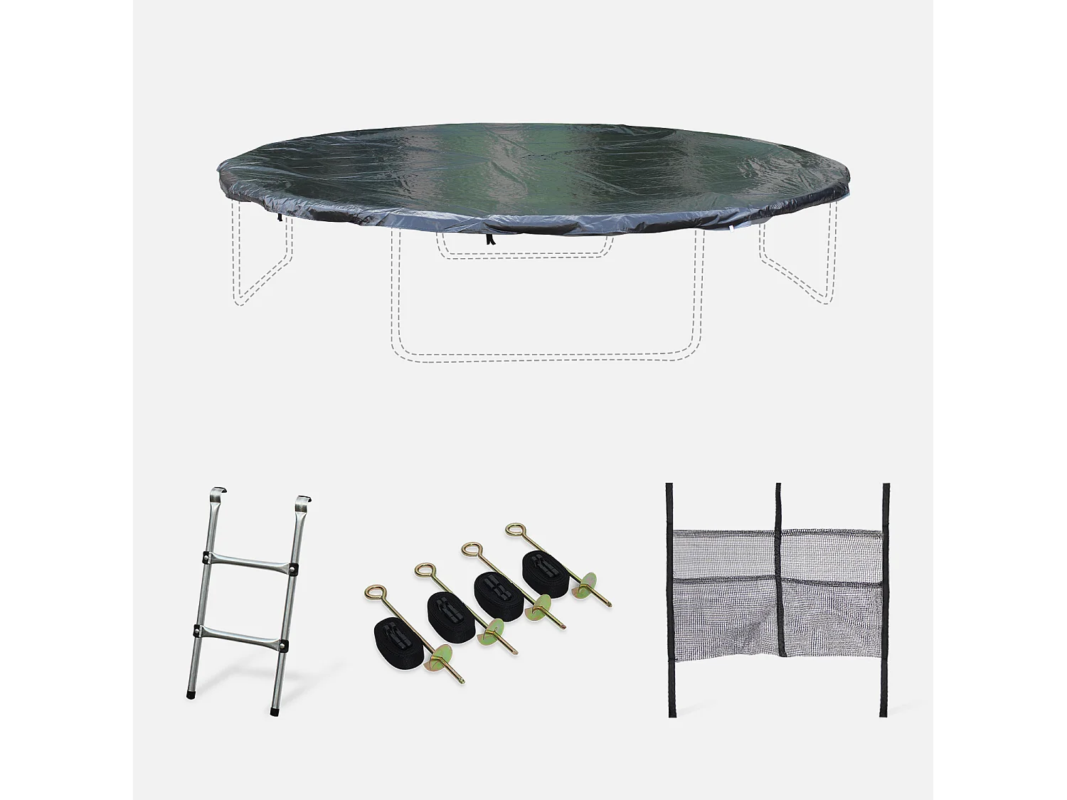 Pack accessoires pour trampoline Ø 370cm Saturne/Capricorne/ Saturne INNER - Échelle. bâche de protection. filet de rangement pour chaussures et kit d’ancrage