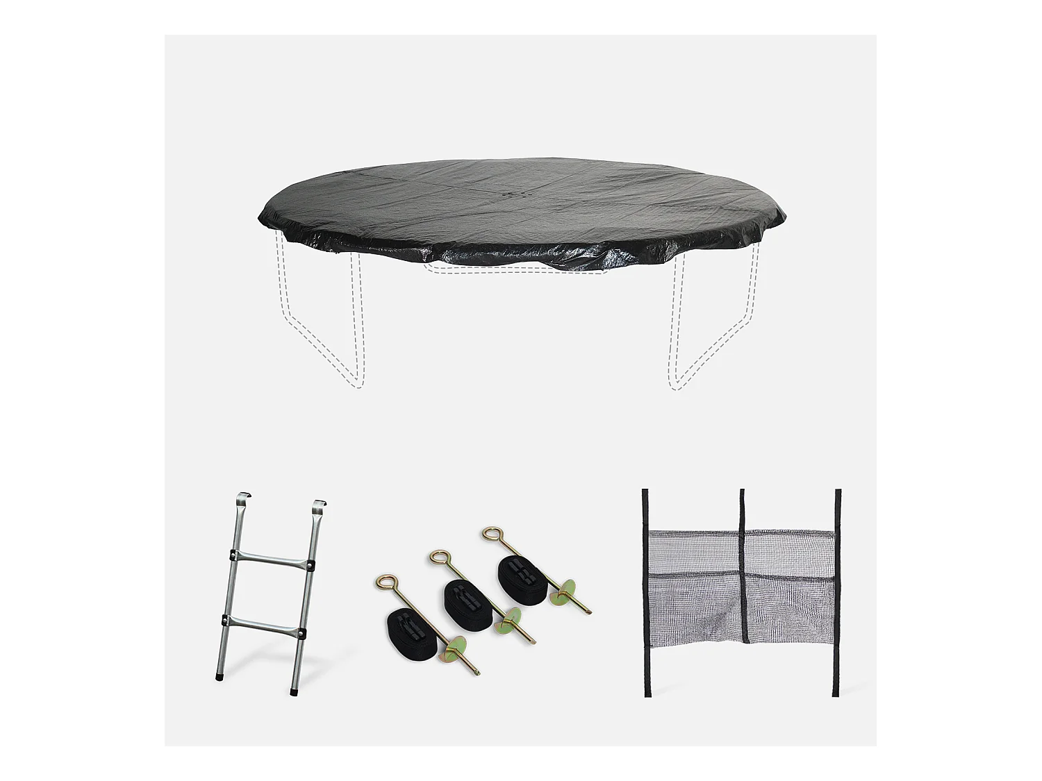 Pack accessoires pour trampoline Ø 250cm Pluton/Gémeaux/Pluton INNER - Échelle. bâche de protection. filet de rangement pour chaussures et kit d’ancrage