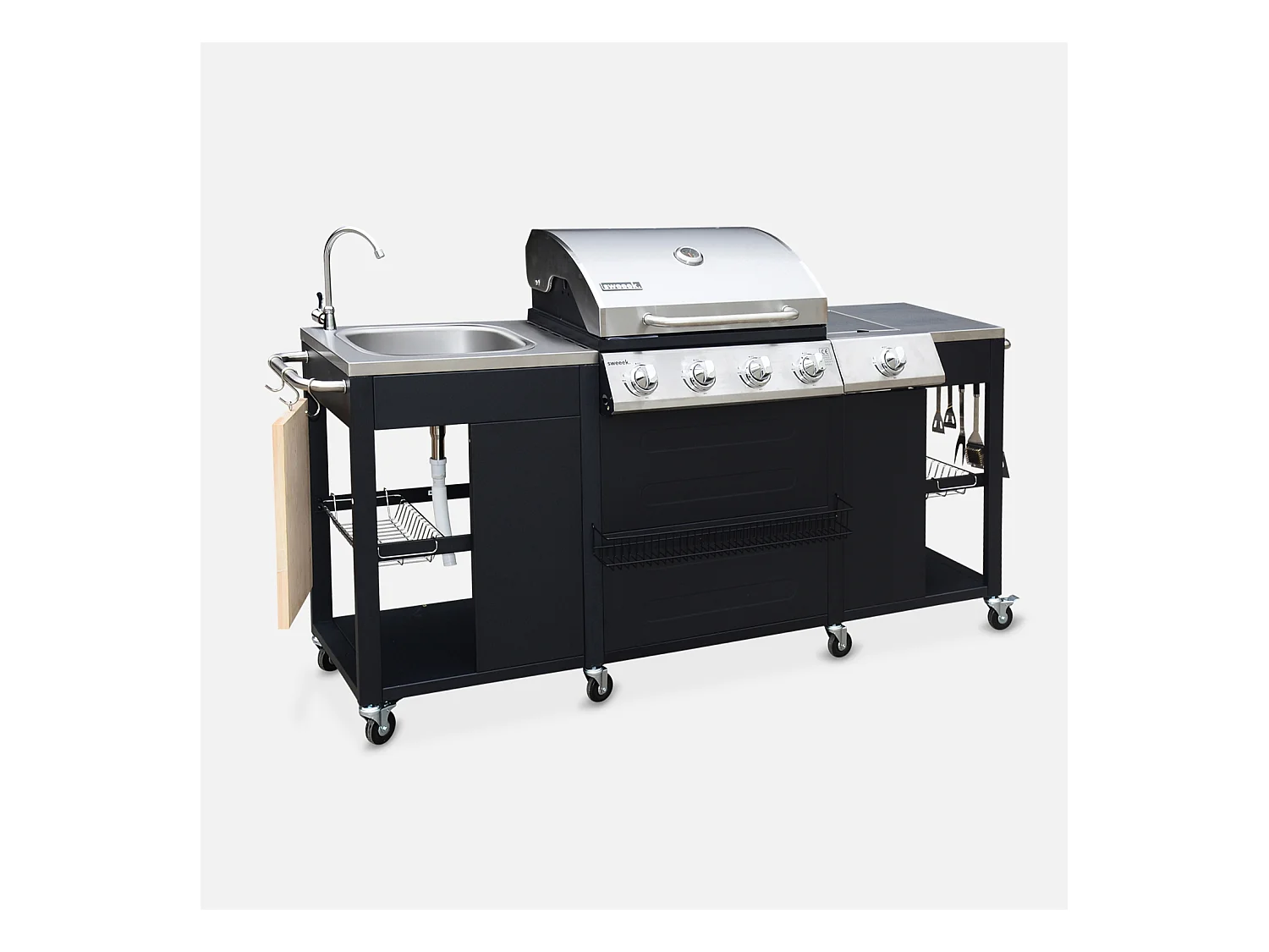 Barbecue a gas a 5 fuochi con 1 bruciatore laterale, nero