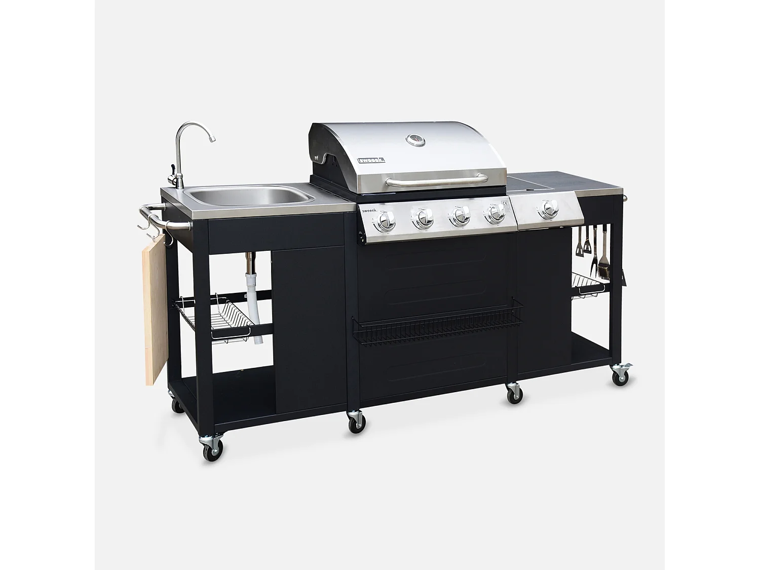 Barbecue a gas a 5 fuochi con 1 bruciatore laterale, nero