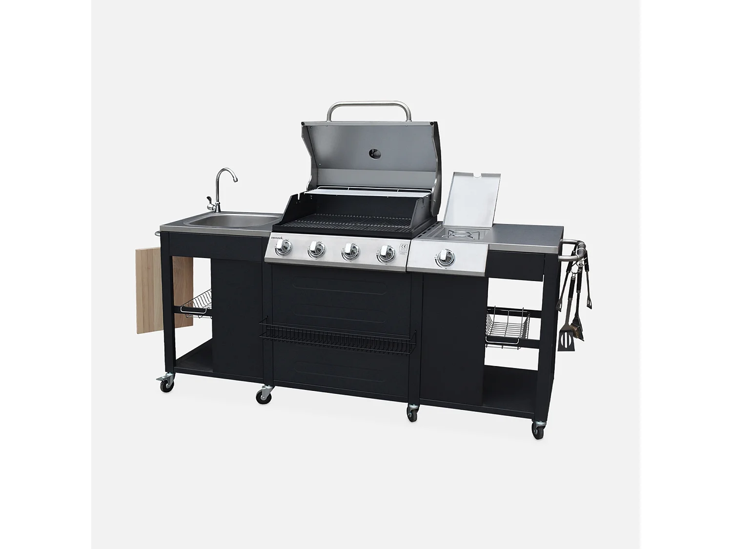 Barbecue a gas a 5 fuochi con 1 bruciatore laterale, nero