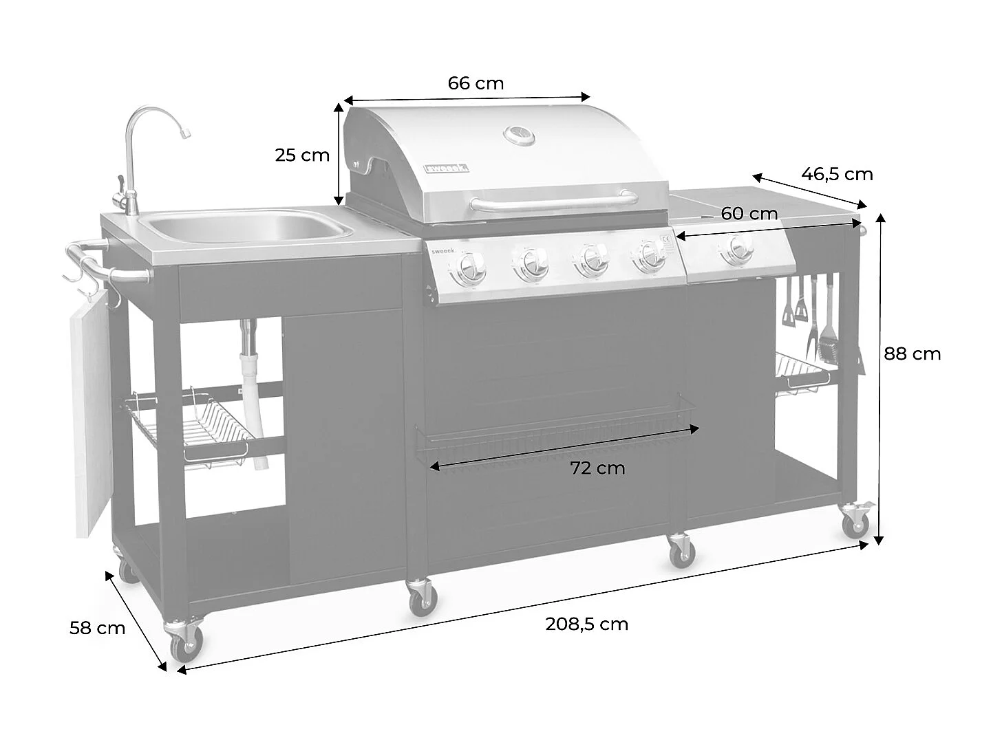 Barbecue a gas a 5 fuochi con 1 bruciatore laterale, nero