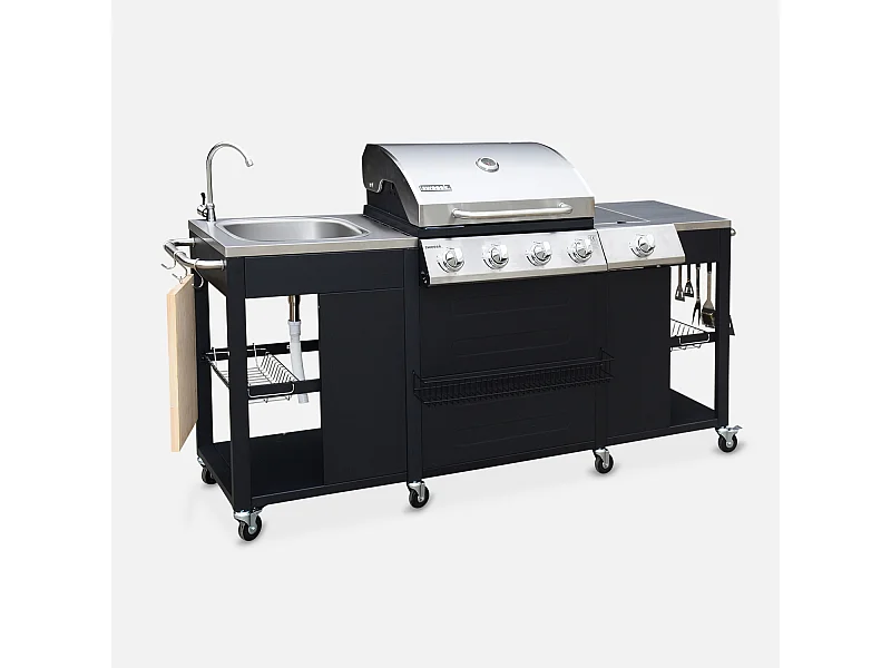 Barbecue a gas a 5 fuochi con 1 bruciatore laterale, nero