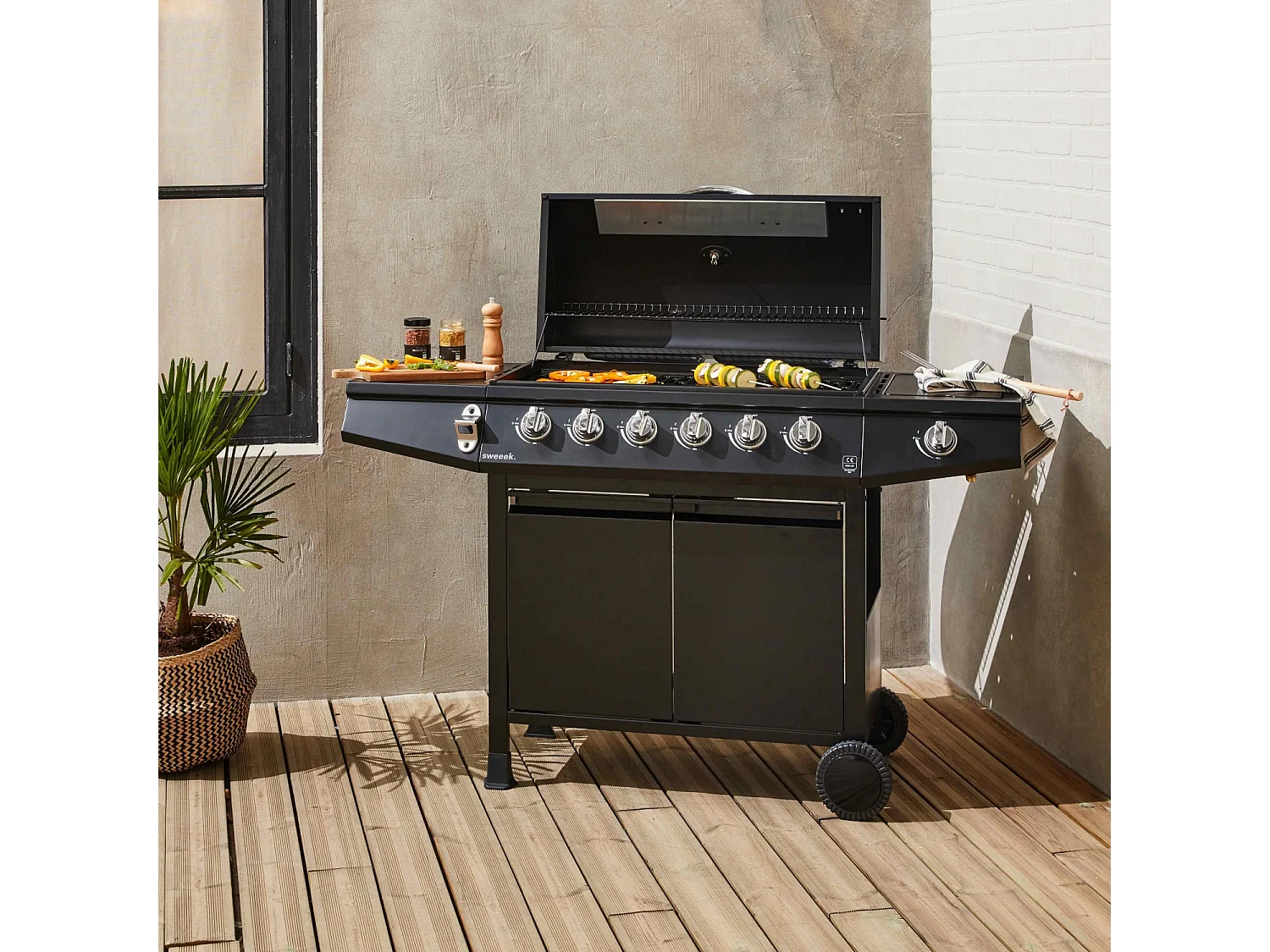 Barbacoa de gas de 7 quemadores y 1 quemador lateral negro