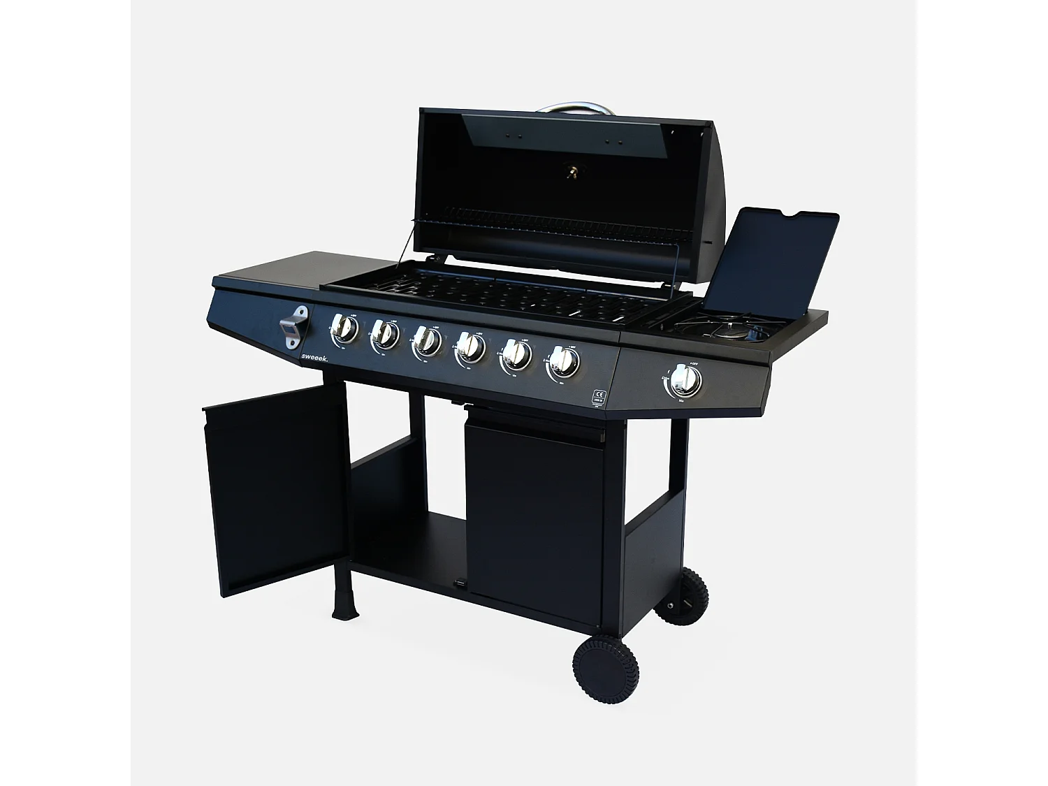 Barbacoa de gas de 7 quemadores y 1 quemador lateral negro