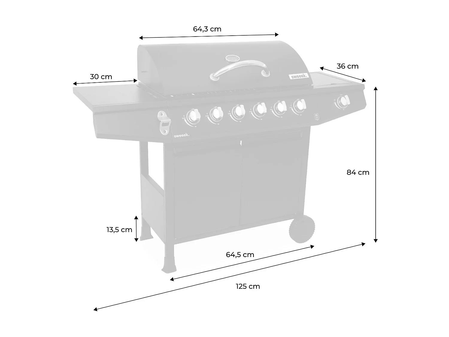 Barbacoa de gas de 7 quemadores y 1 quemador lateral negro