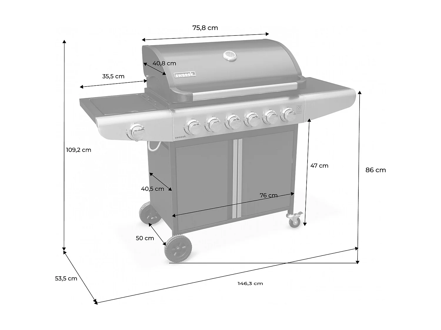 Barbecue a gas con 7 bruciatori di cui 1 laterale, nero