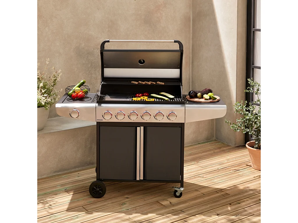 Barbecue a gas con 7 bruciatori di cui 1 laterale, nero