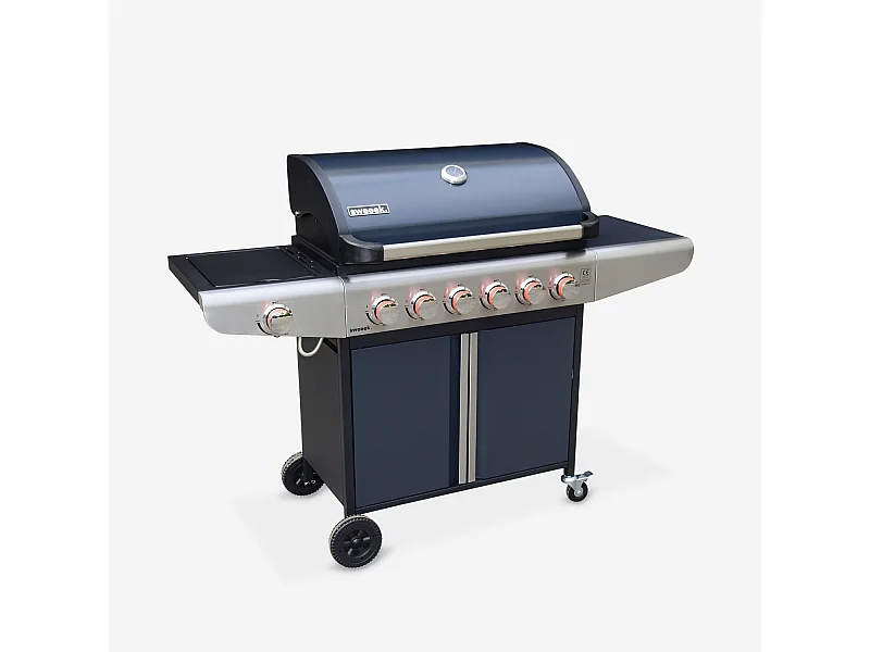 Barbecue a gas con 7 bruciatori di cui 1 laterale, nero