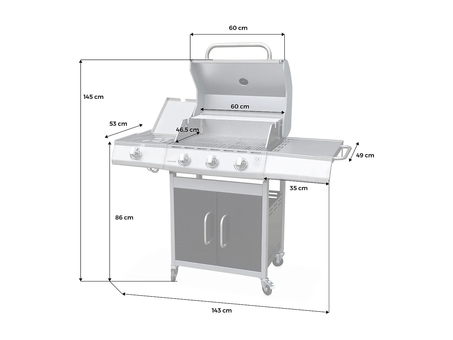Barbecue a gas con 4 bruciatori di cui 1 laterale, inox