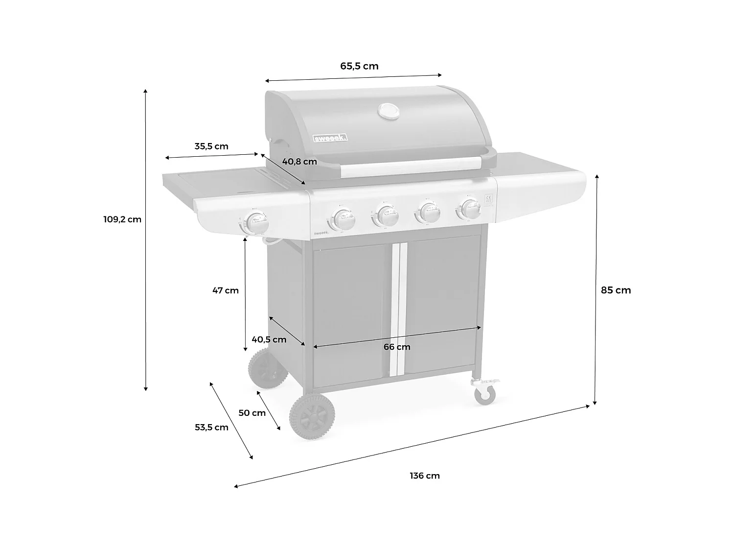 Barbecue a gas a 5 fuochi con 1 bruciatore laterale, nero