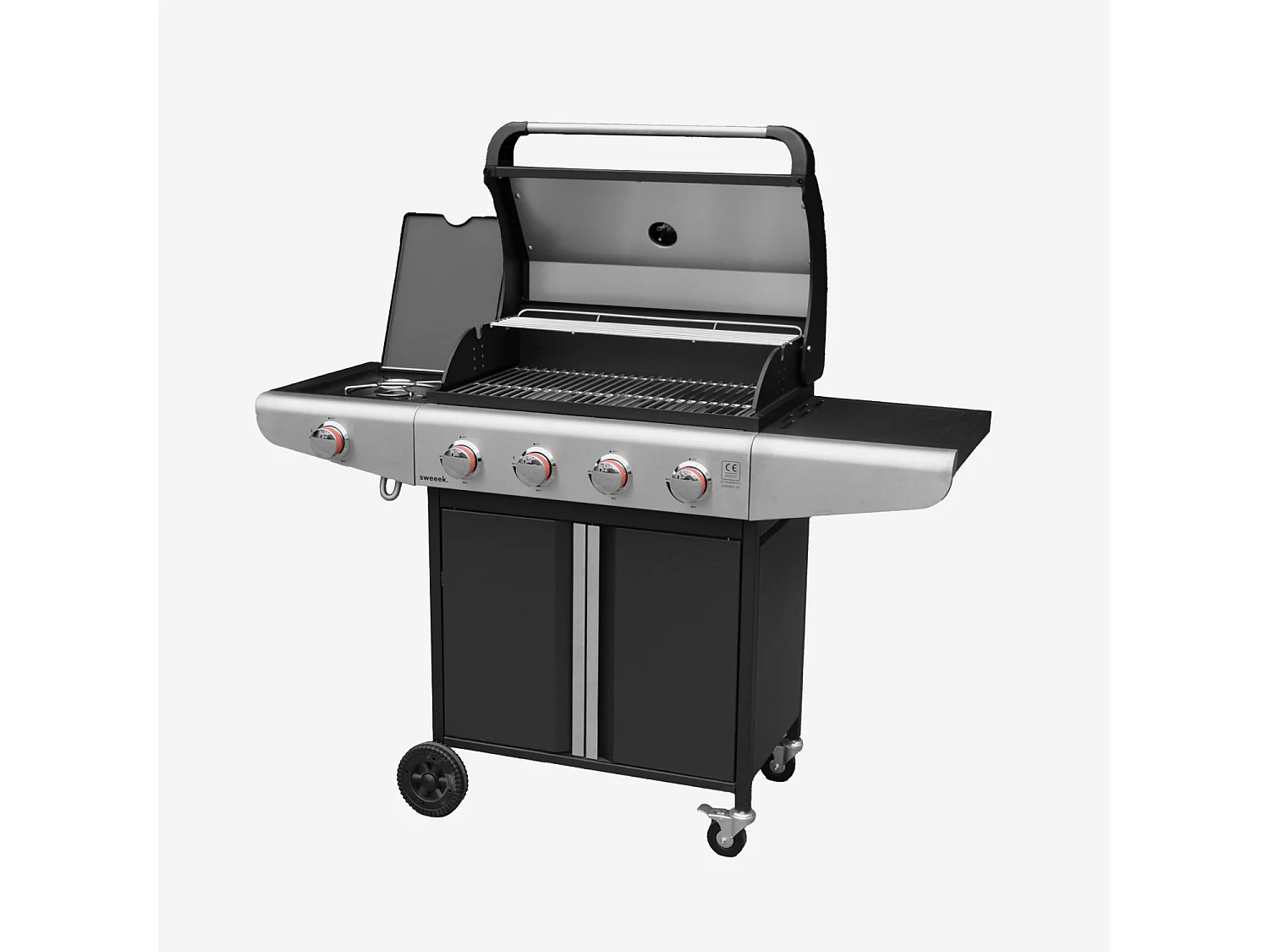 Barbecue a gas a 4 bruciatori con fuoco laterale, nero