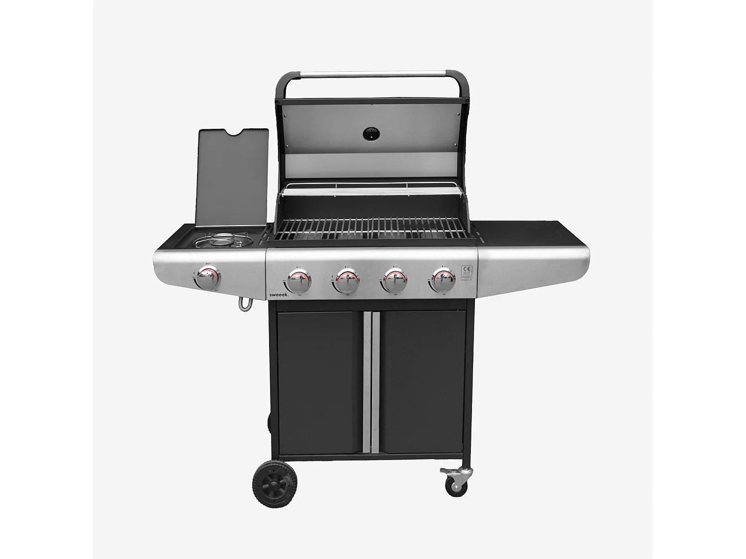 Barbecue a gas a 4 bruciatori con fuoco laterale, nero