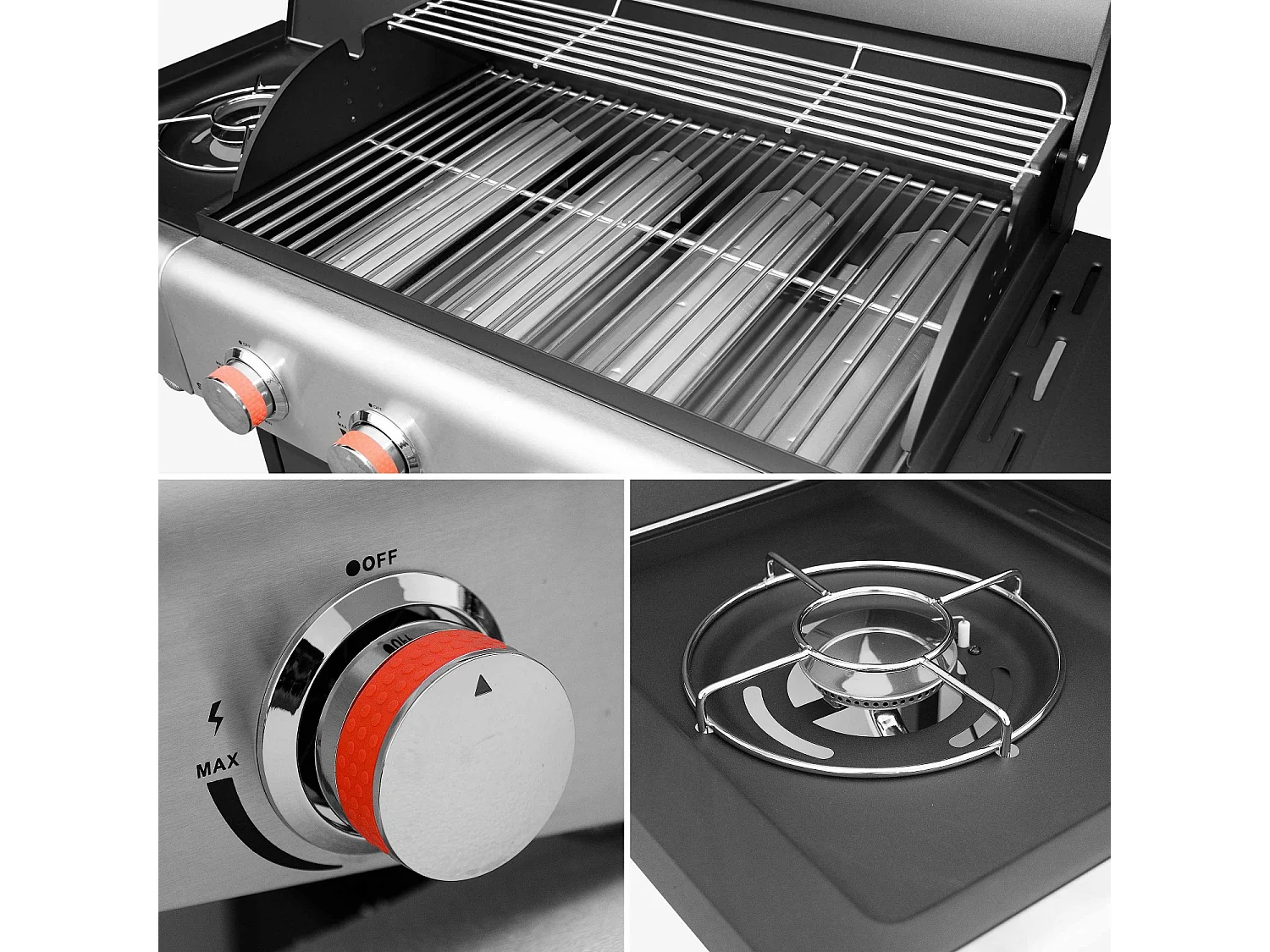 Barbecue a gas a 4 bruciatori con fuoco laterale, nero