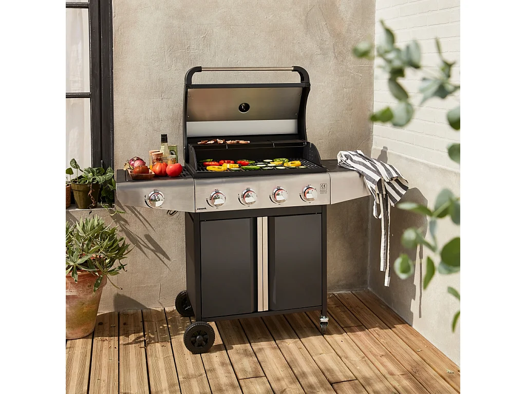 Barbecue a gas a 4 bruciatori con fuoco laterale, nero