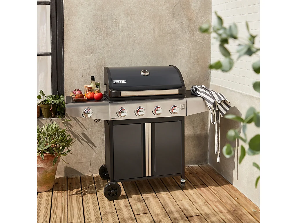 Barbecue a gas a 4 bruciatori con fuoco laterale, nero